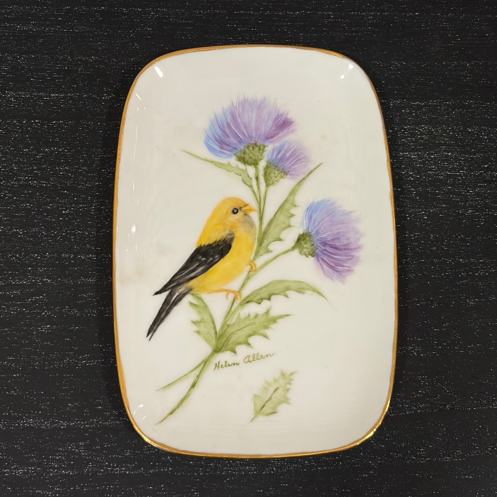 Vintage 1984 Helen Allen Hand Painted Bird Thistle Porcelain Trinket Dish Tray